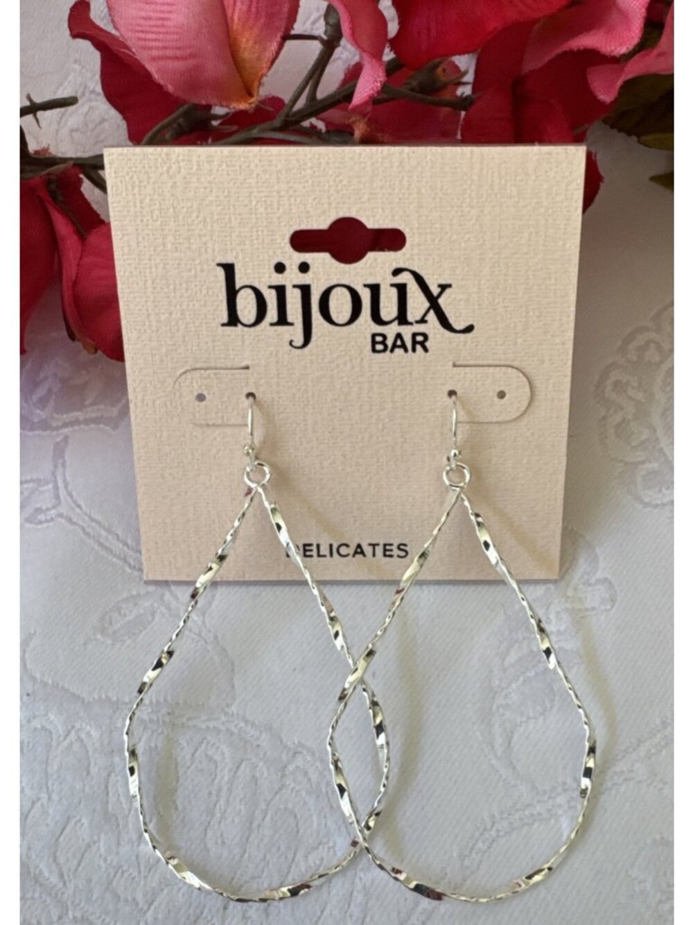 Bijoux Bar Delicates Earrings Dangle Thin Textured Silver Tone 2.5" Hoops NEW